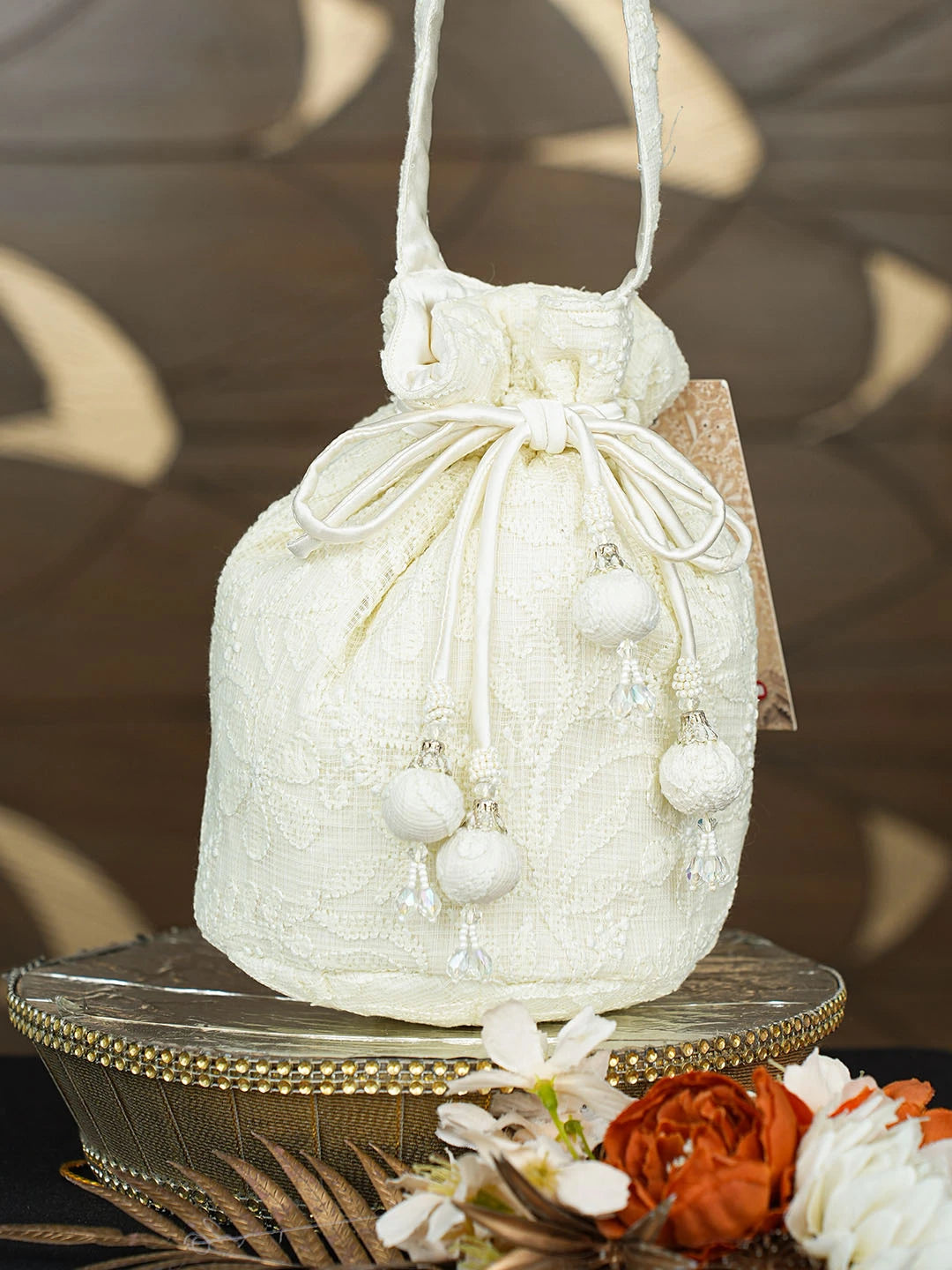 Ada Hand Embroidered Lemon Kota Lucknowi Chikankari Potli Bag 01A823648