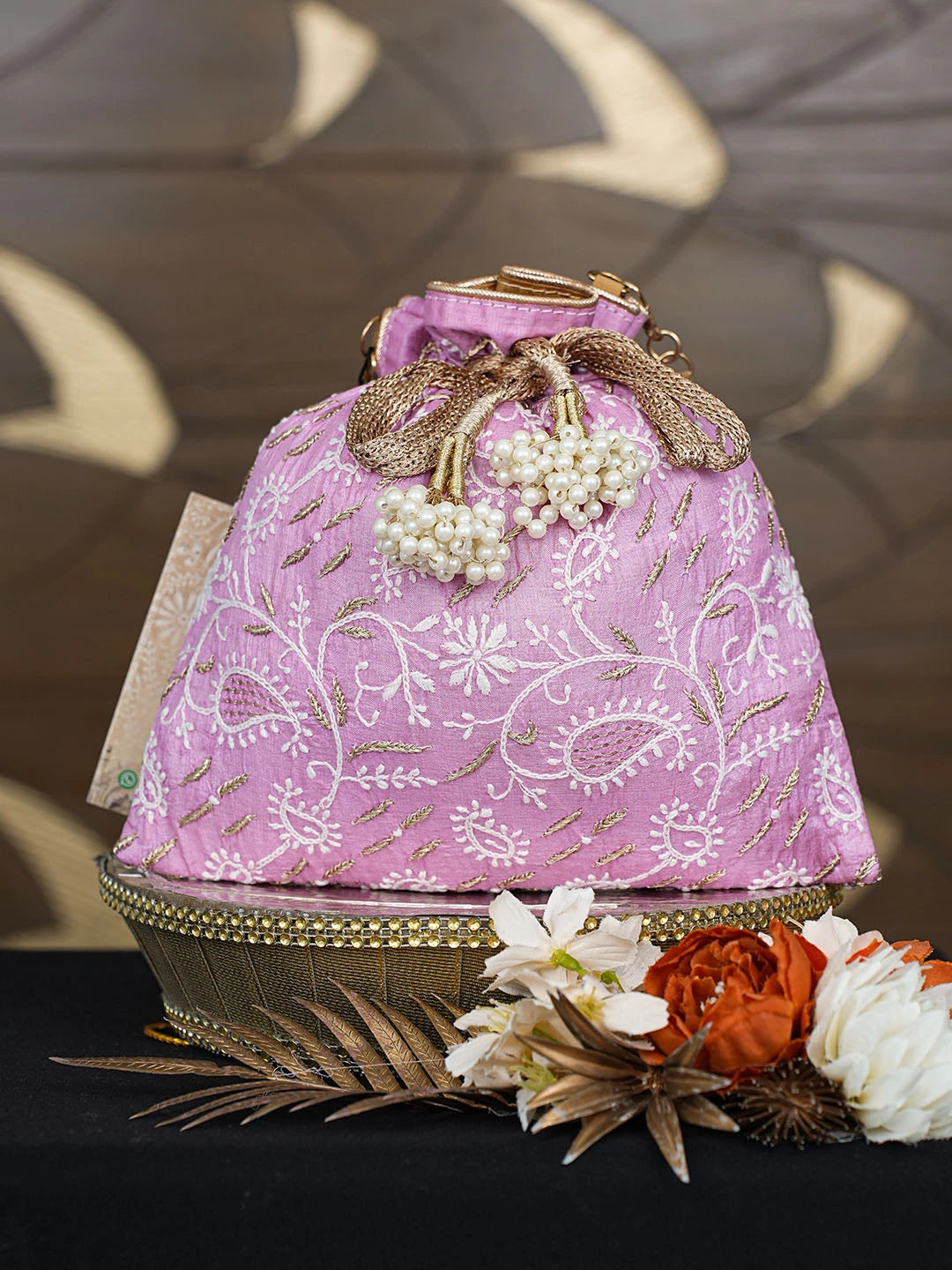 Ada Hand Embroidered Pink Silk Lucknowi Chikankari Potli Bag With Zari Work 01A808063