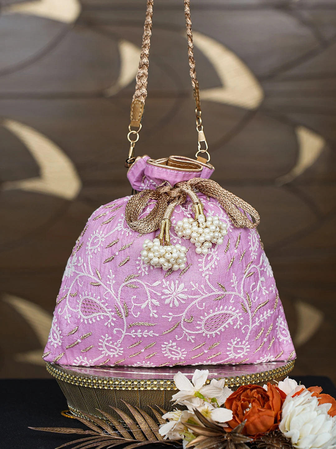 Ada Hand Embroidered Pink Silk Lucknowi Chikankari Potli Bag With Zari Work 01A808063