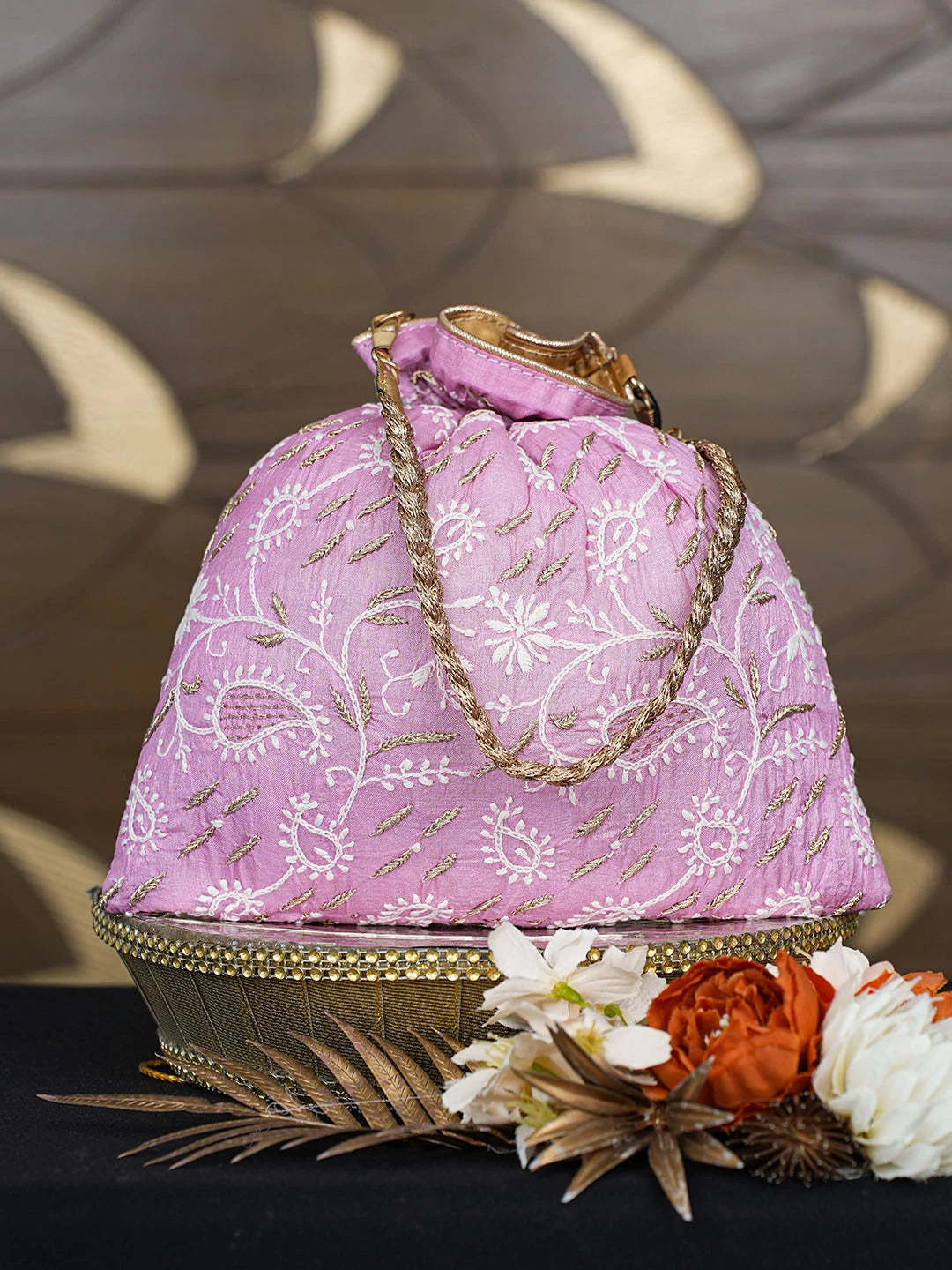 Ada Hand Embroidered Pink Silk Lucknowi Chikankari Potli Bag With Zari Work 01A808063
