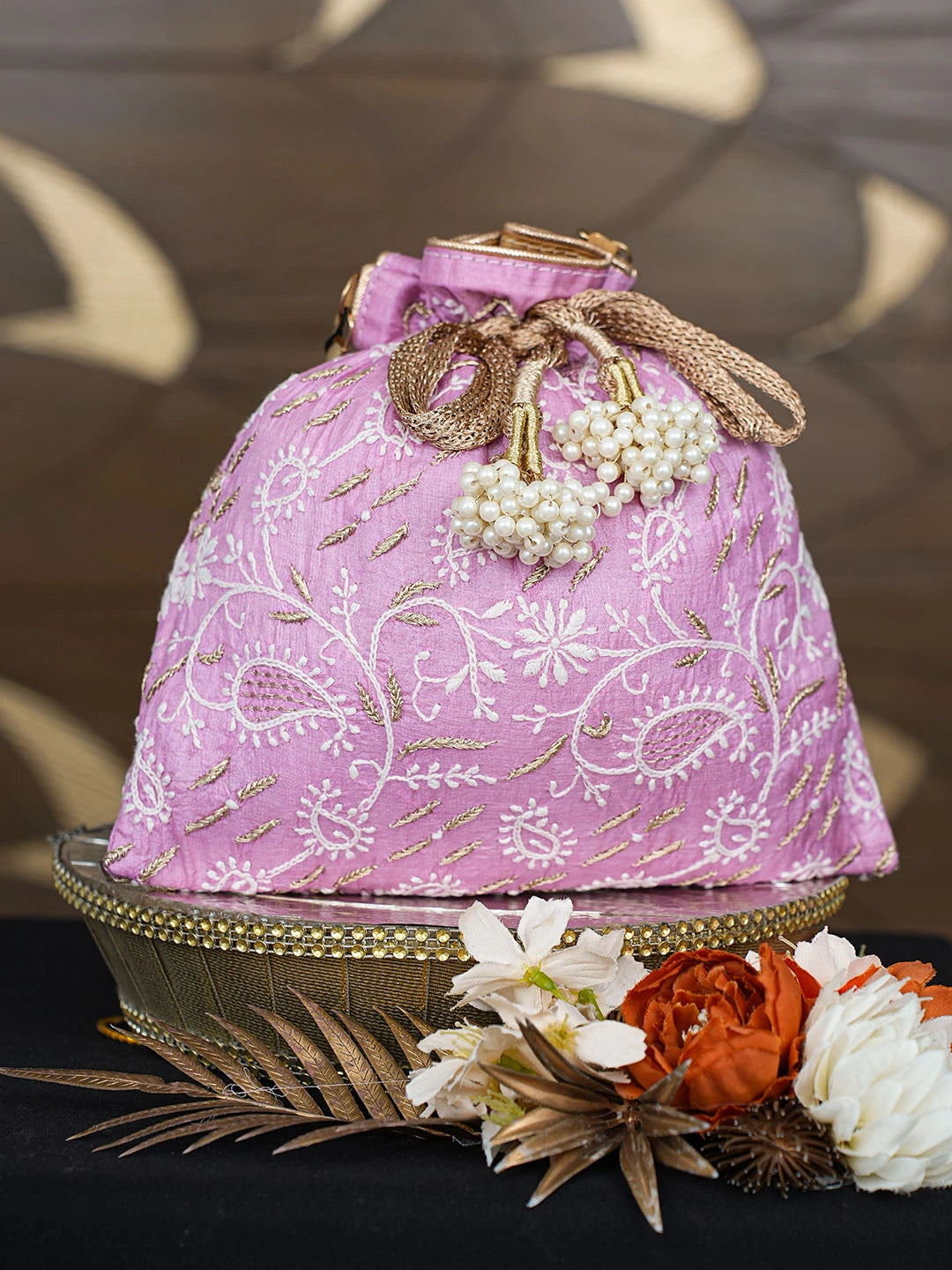 Ada Hand Embroidered Pink Silk Lucknowi Chikankari Potli Bag With Zari Work 01A808063