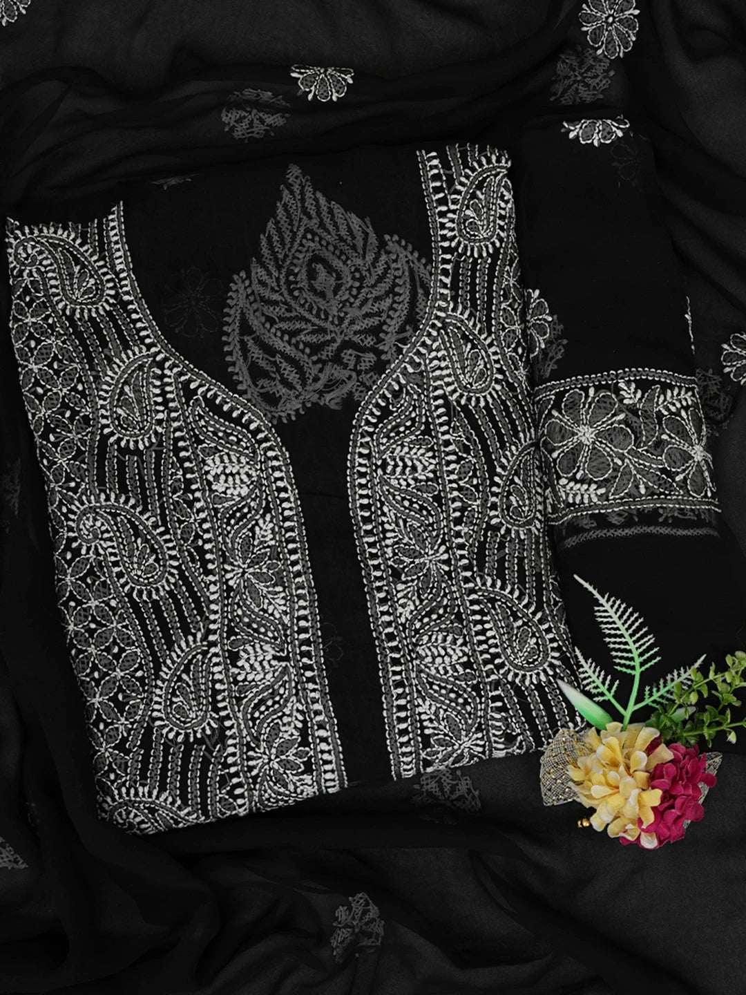 Ada Hand Embroidered Black Georgette Lucknowi Chikankari Unstitched Suit Piece 01A835644