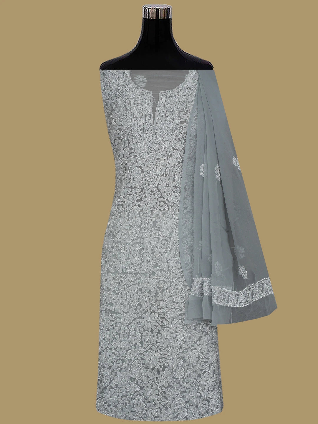 Ada Hand Embroidered Grey Georgette Lucknowi Chikankari Unstitched Suit Piece 01A859815