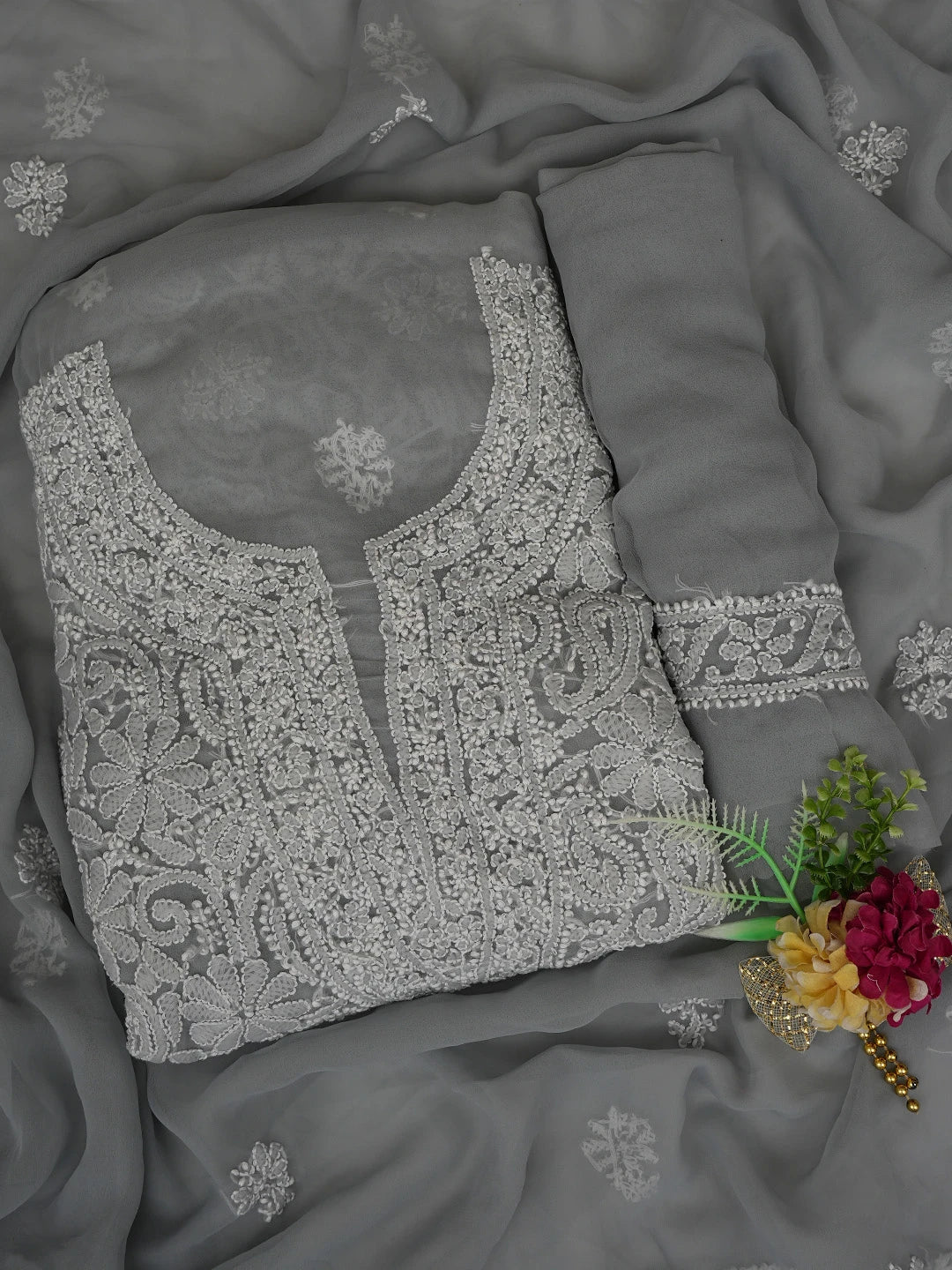 Ada Hand Embroidered Grey Georgette Lucknowi Chikankari Unstitched Suit Piece 01A859815