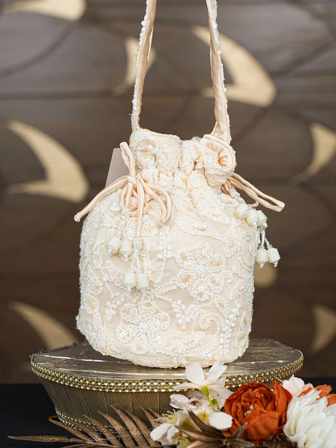 Ada Hand Embroidered Beige Viscose Georgette Lucknowi Chikankari Potli Bag With Sequinned Work 01A854335