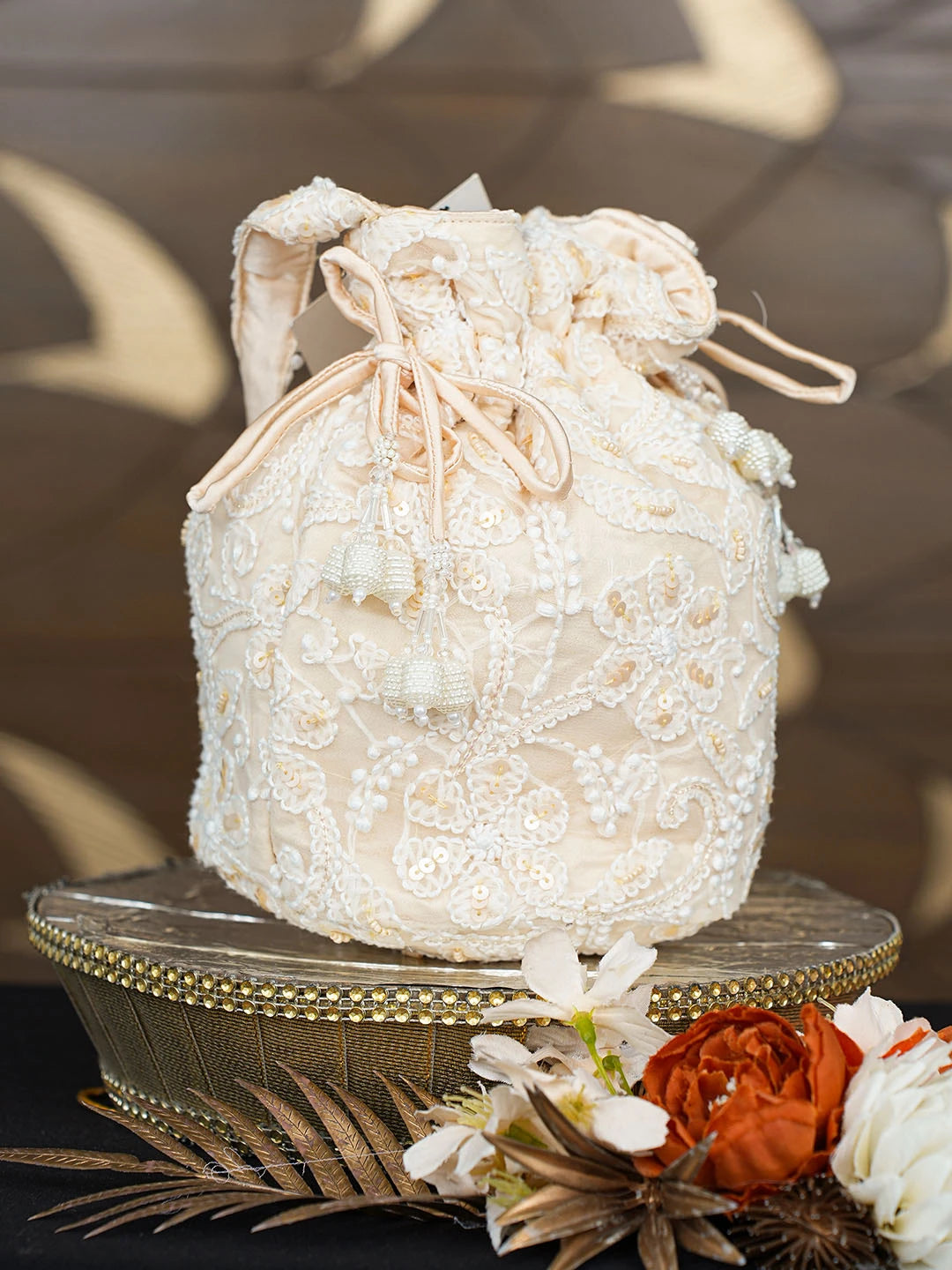 Ada Hand Embroidered Beige Viscose Georgette Lucknowi Chikankari Potli Bag With Sequinned Work 01A854335