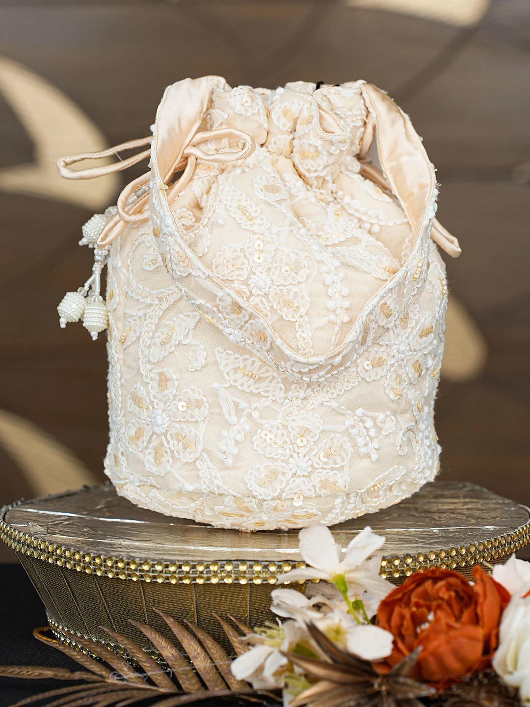 Ada Hand Embroidered Beige Viscose Georgette Lucknowi Chikankari Potli Bag With Sequinned Work 01A854335