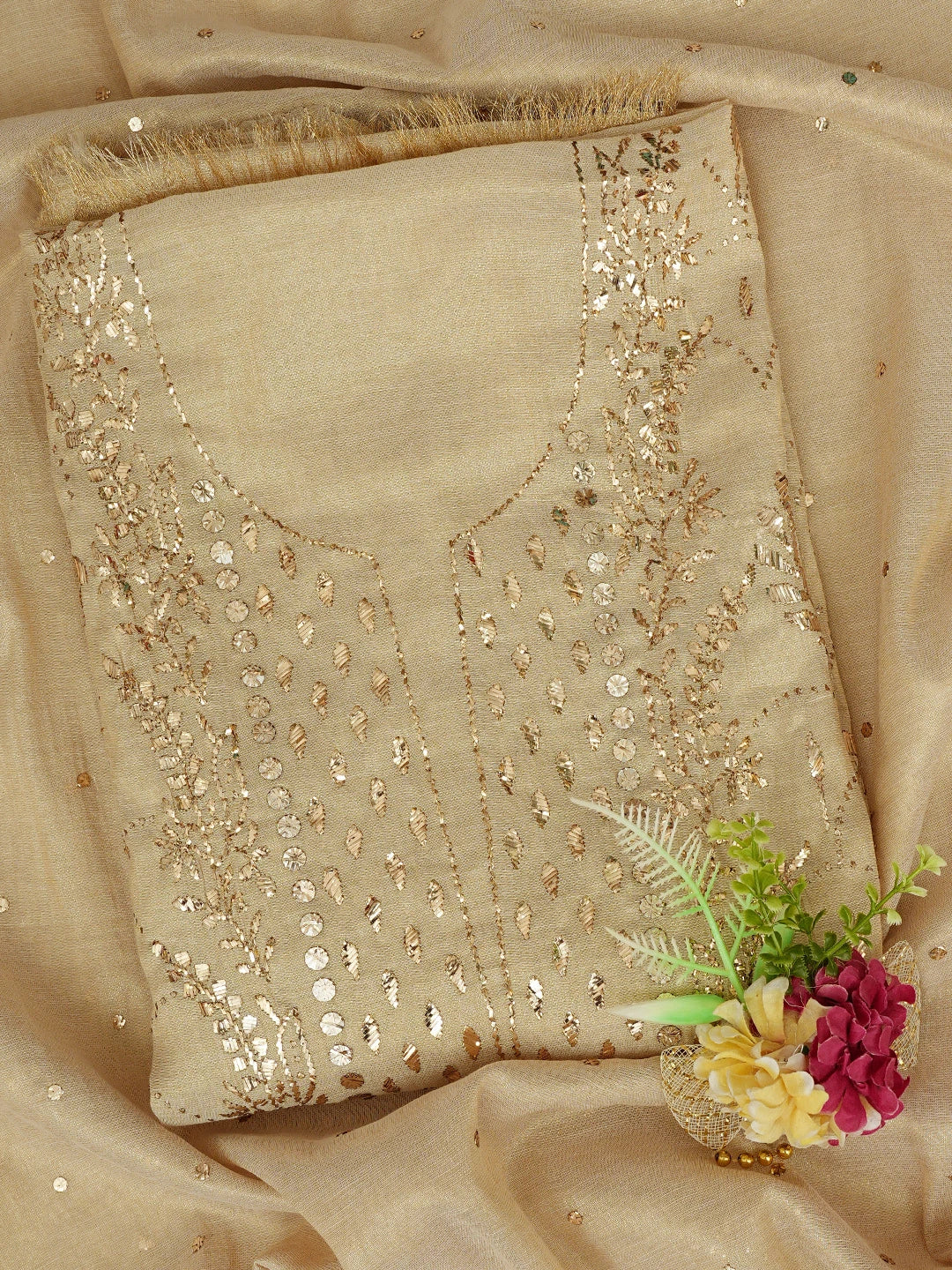 Ada Hand Embroidered Fawn Tissue Lucknowi Chikankari Unstitched Kurta Dupatta Set With Mukaish Work 01A850927
