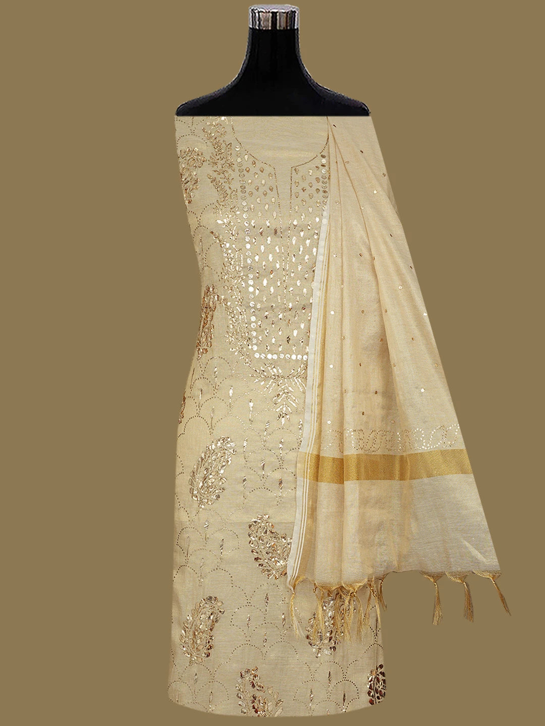 Ada Hand Embroidered Fawn Tissue Lucknowi Chikankari Unstitched Kurta Dupatta Set With Mukaish Work 01A850927