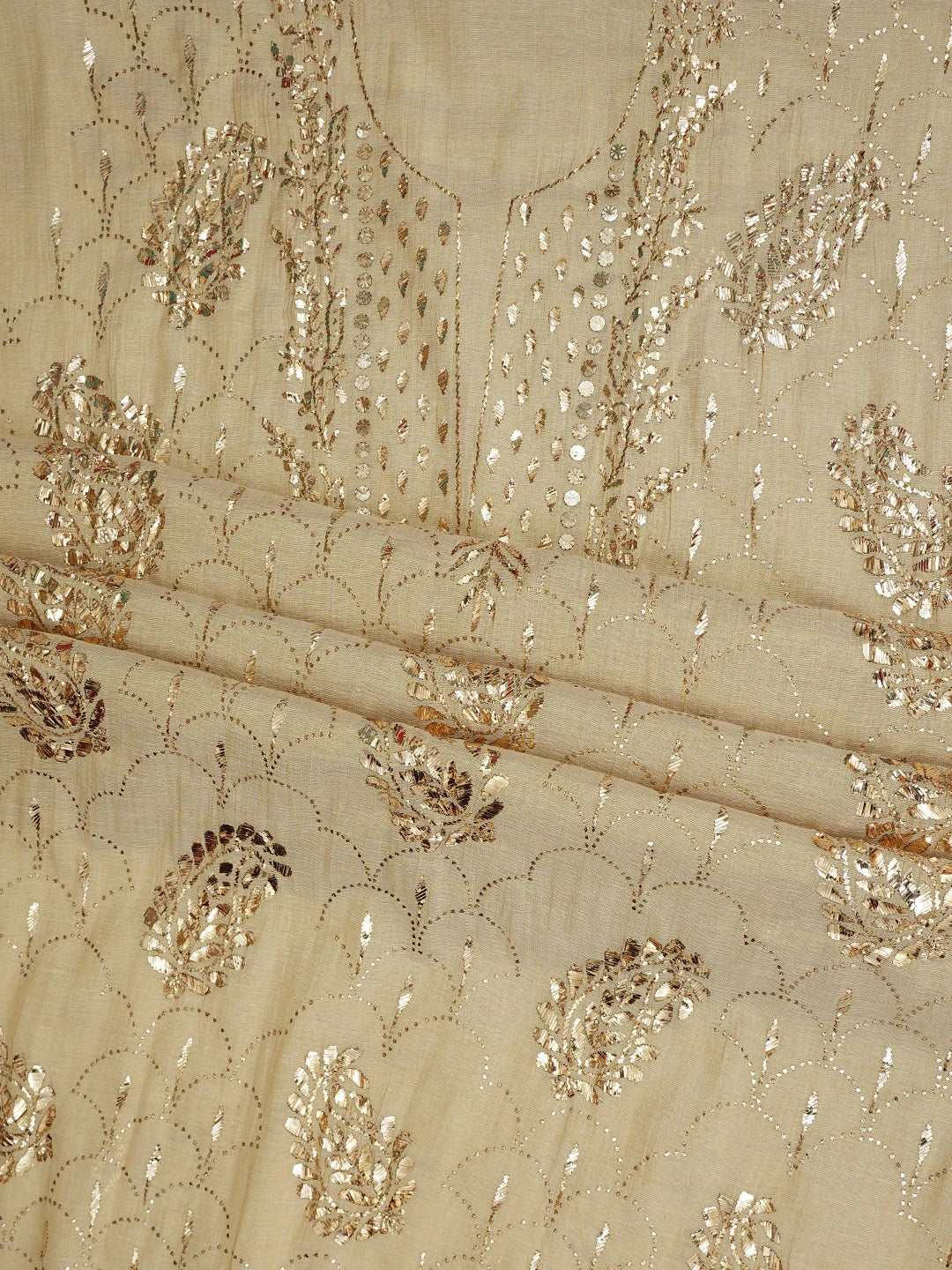 Ada Hand Embroidered Fawn Tissue Lucknowi Chikankari Unstitched Kurta Dupatta Set With Mukaish Work 01A850927