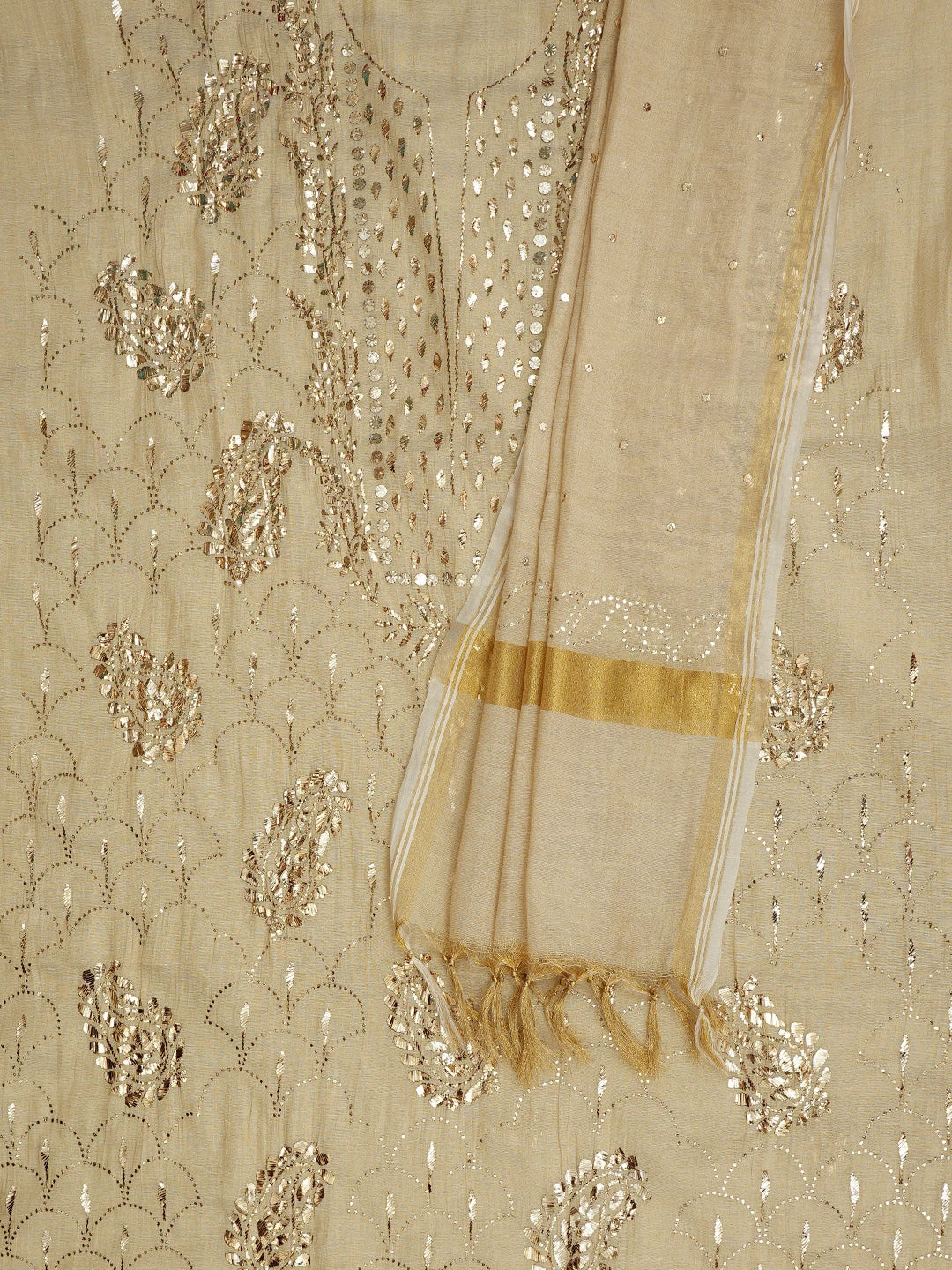 Ada Hand Embroidered Fawn Tissue Lucknowi Chikankari Unstitched Kurta Dupatta Set With Mukaish Work 01A850927
