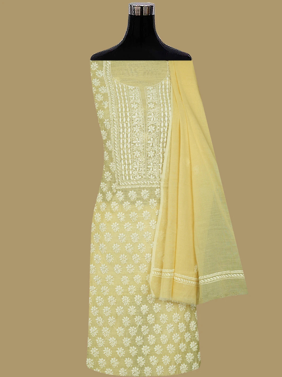 Ada Hand Embroidered Lemonish Fawn Kota Lucknowi Chikankari Unstitched Kurta Dupatta Set With Sequinned Work 01A737482