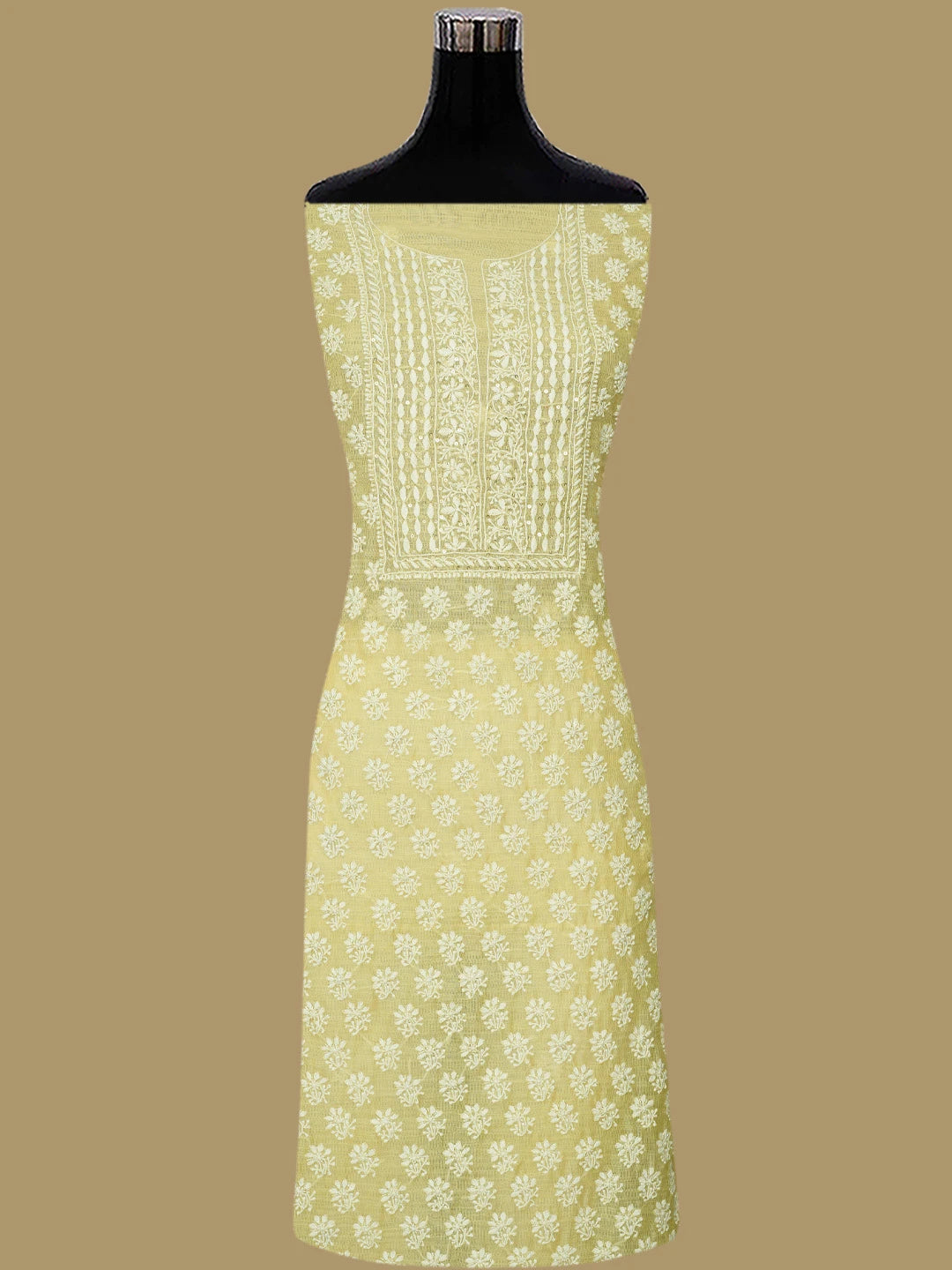 Ada Hand Embroidered Lemonish Fawn Kota Lucknowi Chikankari Unstitched Kurta Dupatta Set With Sequinned Work 01A737482