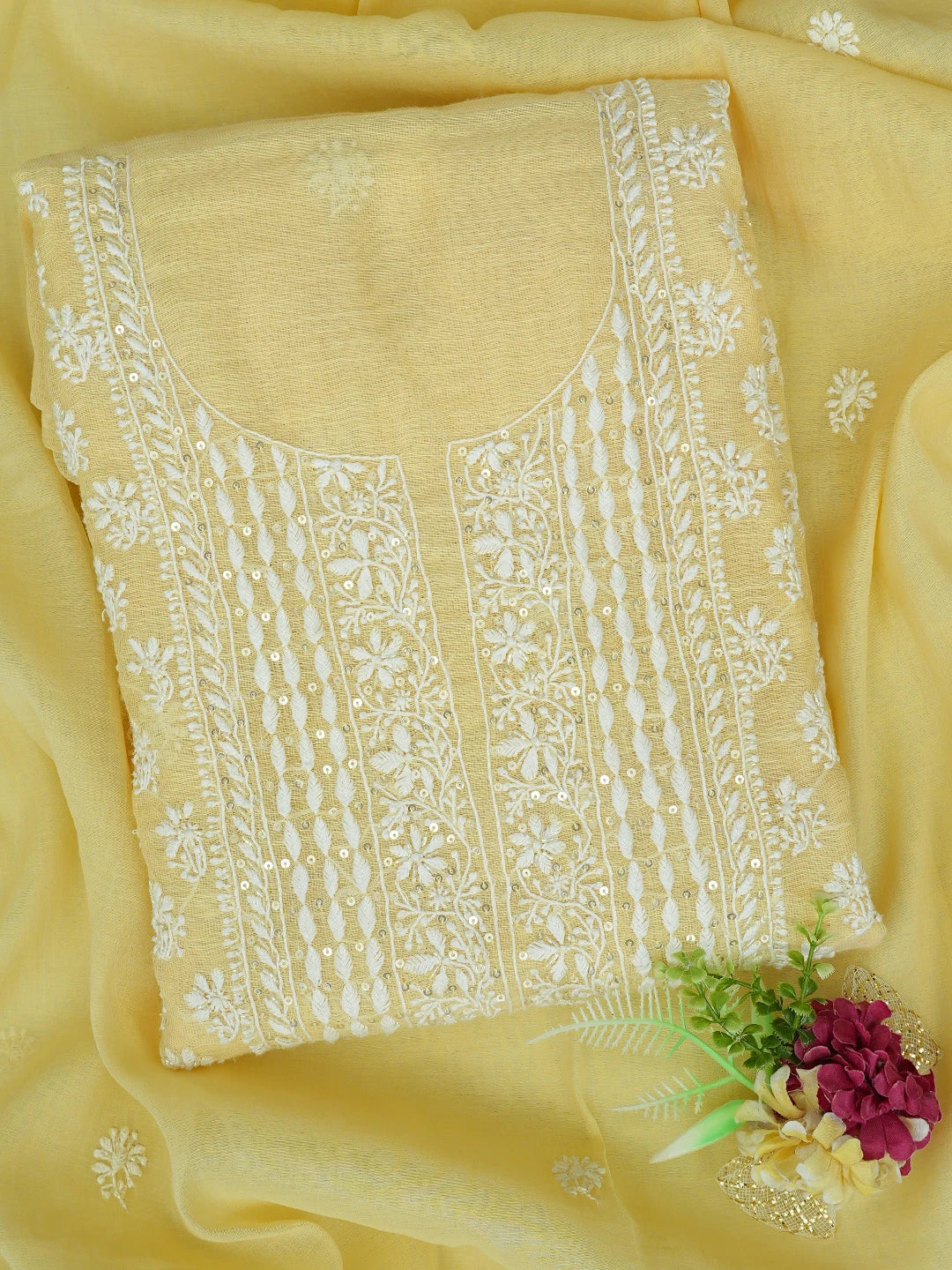 Ada Hand Embroidered Lemonish Fawn Kota Lucknowi Chikankari Unstitched Kurta Dupatta Set With Sequinned Work 01A737482
