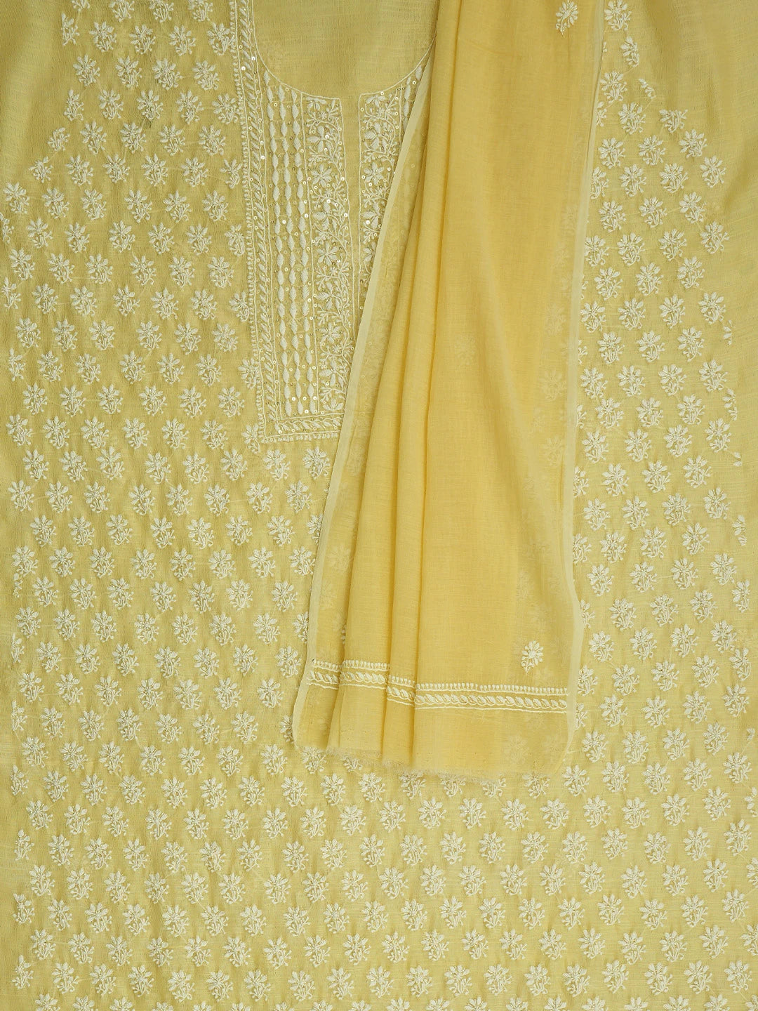 Ada Hand Embroidered Lemonish Fawn Kota Lucknowi Chikankari Unstitched Kurta Dupatta Set With Sequinned Work 01A737482