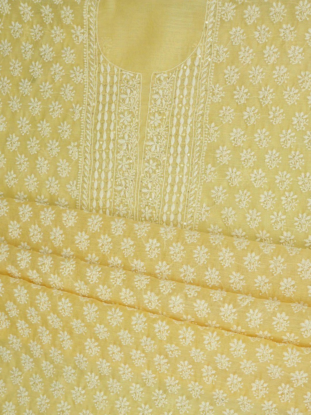Ada Hand Embroidered Lemonish Fawn Kota Lucknowi Chikankari Unstitched Kurta Dupatta Set With Sequinned Work 01A737482
