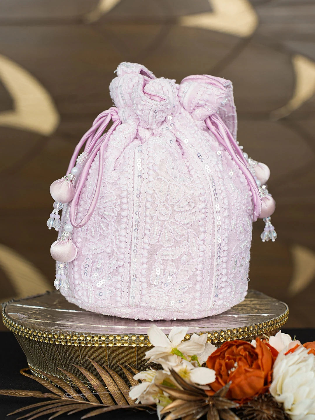 Ada Hand Embroidered Pink Viscose Georgette Lucknowi Chikankari Potli Bag With Pearl Work 01A854336