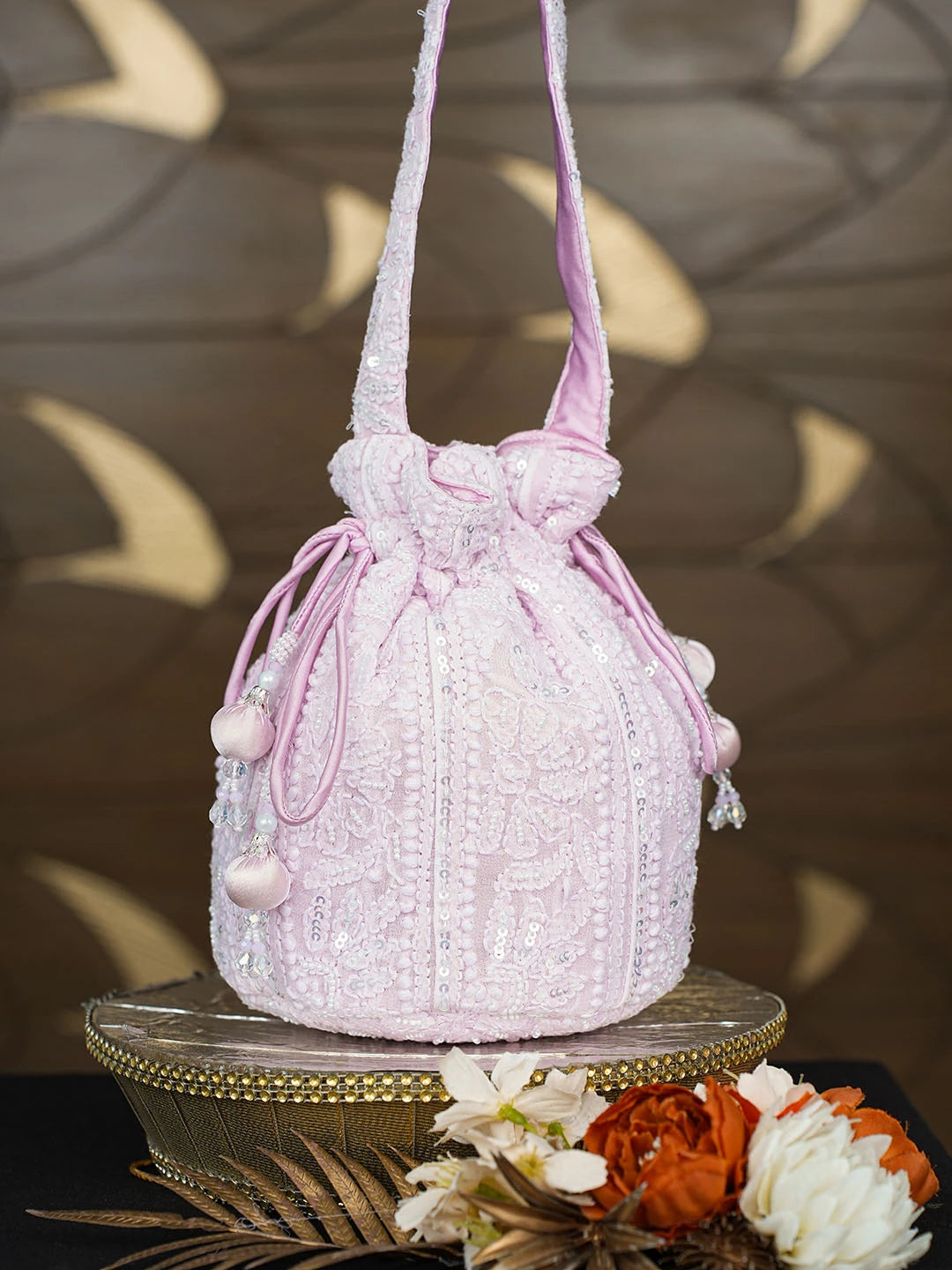 Ada Hand Embroidered Pink Viscose Georgette Lucknowi Chikankari Potli Bag With Pearl Work 01A854336