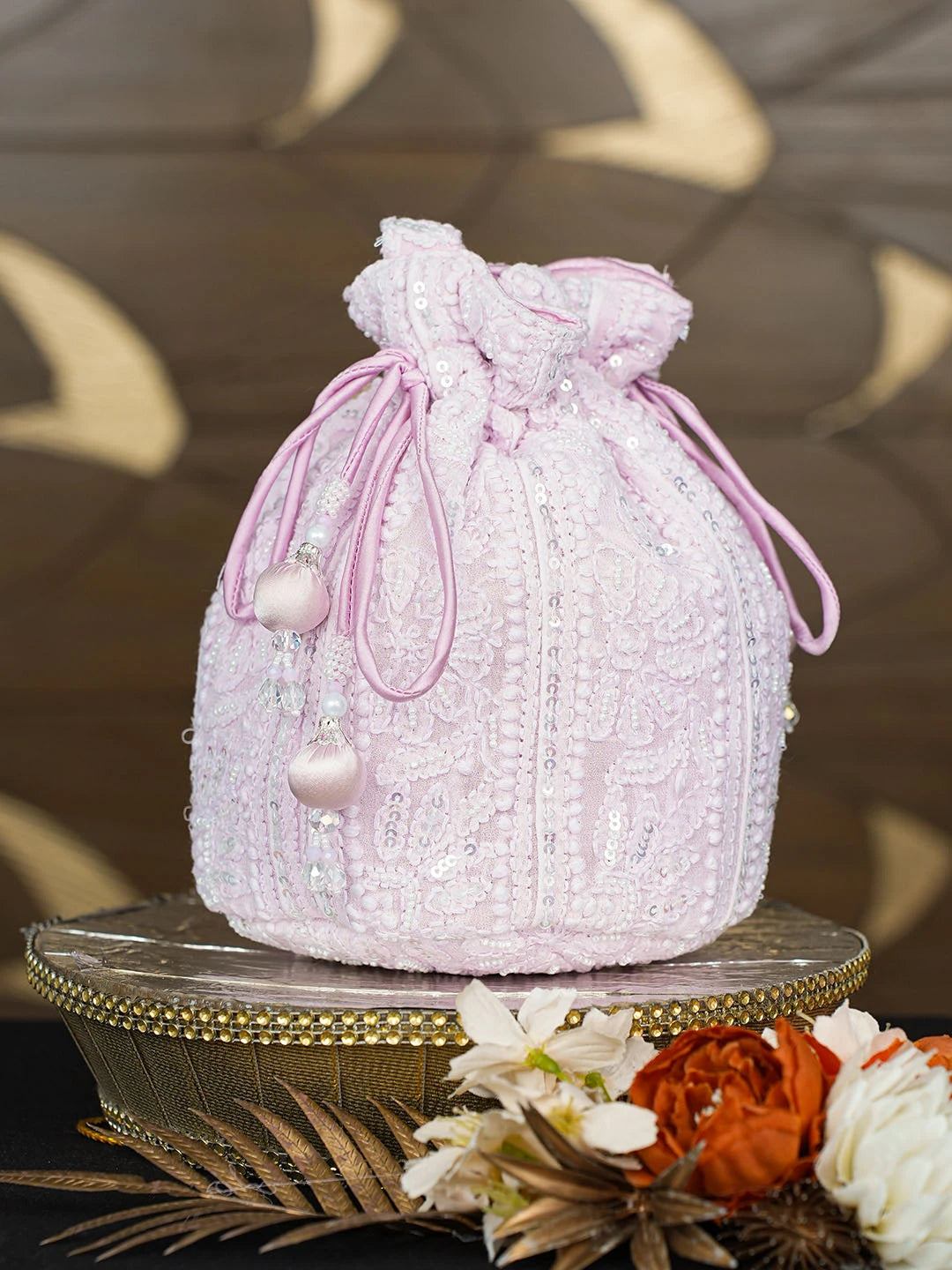 Ada Hand Embroidered Pink Viscose Georgette Lucknowi Chikankari Potli Bag With Pearl Work 01A854336