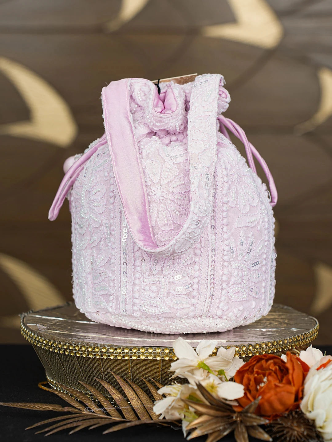 Ada Hand Embroidered Pink Viscose Georgette Lucknowi Chikankari Potli Bag With Pearl Work 01A854336