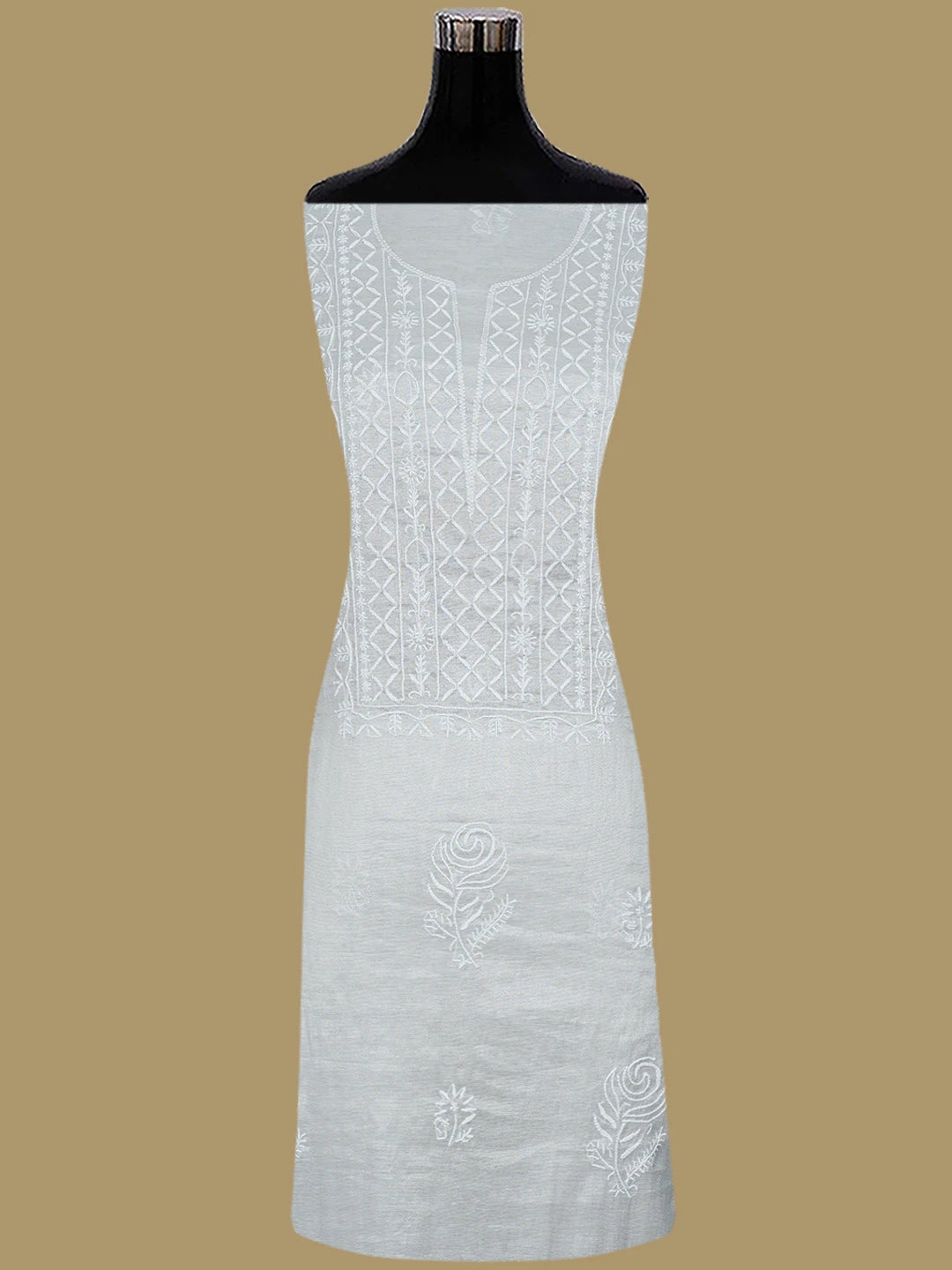 Ada Hand Embroidered Silver Grey Chanderi Lucknowi Chikankari Unstitched Kurta Dupatta Set 01A761082