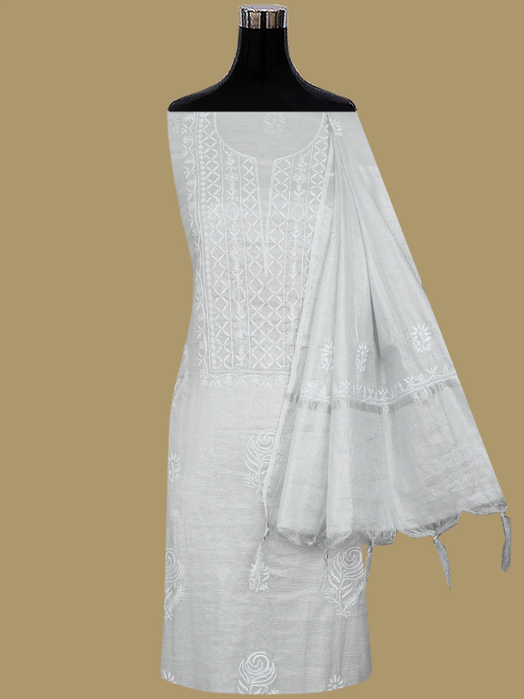 Ada Hand Embroidered Silver Grey Chanderi Lucknowi Chikankari Unstitched Kurta Dupatta Set 01A761082