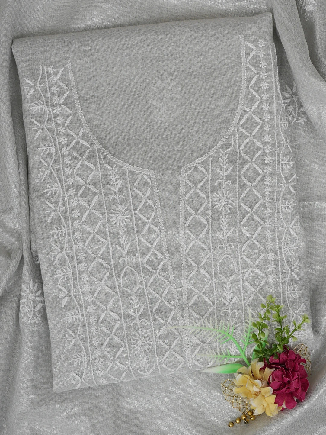 Ada Hand Embroidered Silver Grey Chanderi Lucknowi Chikankari Unstitched Kurta Dupatta Set 01A761082