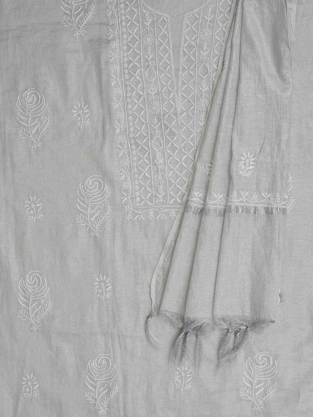 Ada Hand Embroidered Silver Grey Chanderi Lucknowi Chikankari Unstitched Kurta Dupatta Set 01A761082