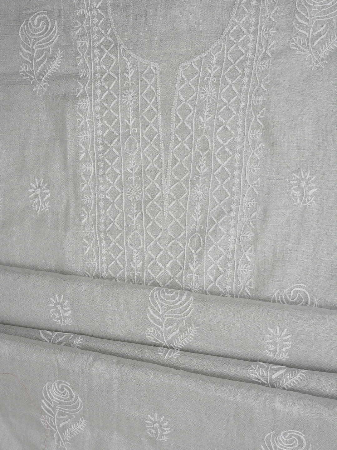 Ada Hand Embroidered Silver Grey Chanderi Lucknowi Chikankari Unstitched Kurta Dupatta Set 01A761082