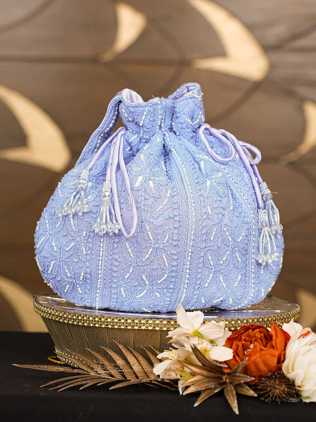 Ada Hand Embroidered Blue Viscose Georgette Lucknowi Chikankari Potli Bag With Pearl Work 01A854334
