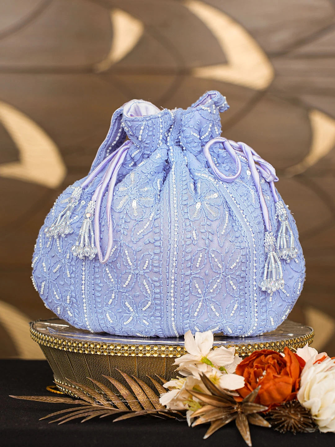 Ada Hand Embroidered Blue Viscose Georgette Lucknowi Chikankari Potli Bag With Pearl Work 01A854334