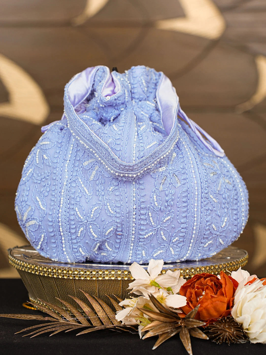 Ada Hand Embroidered Blue Viscose Georgette Lucknowi Chikankari Potli Bag With Pearl Work 01A854334