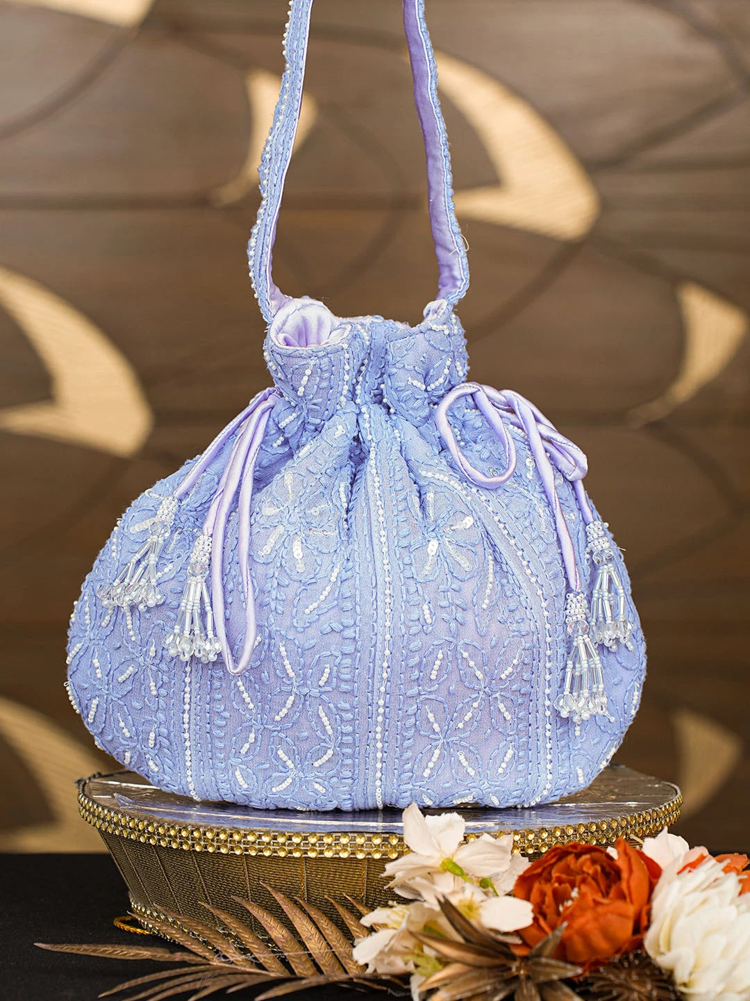 Ada Hand Embroidered Blue Viscose Georgette Lucknowi Chikankari Potli Bag With Pearl Work 01A854334