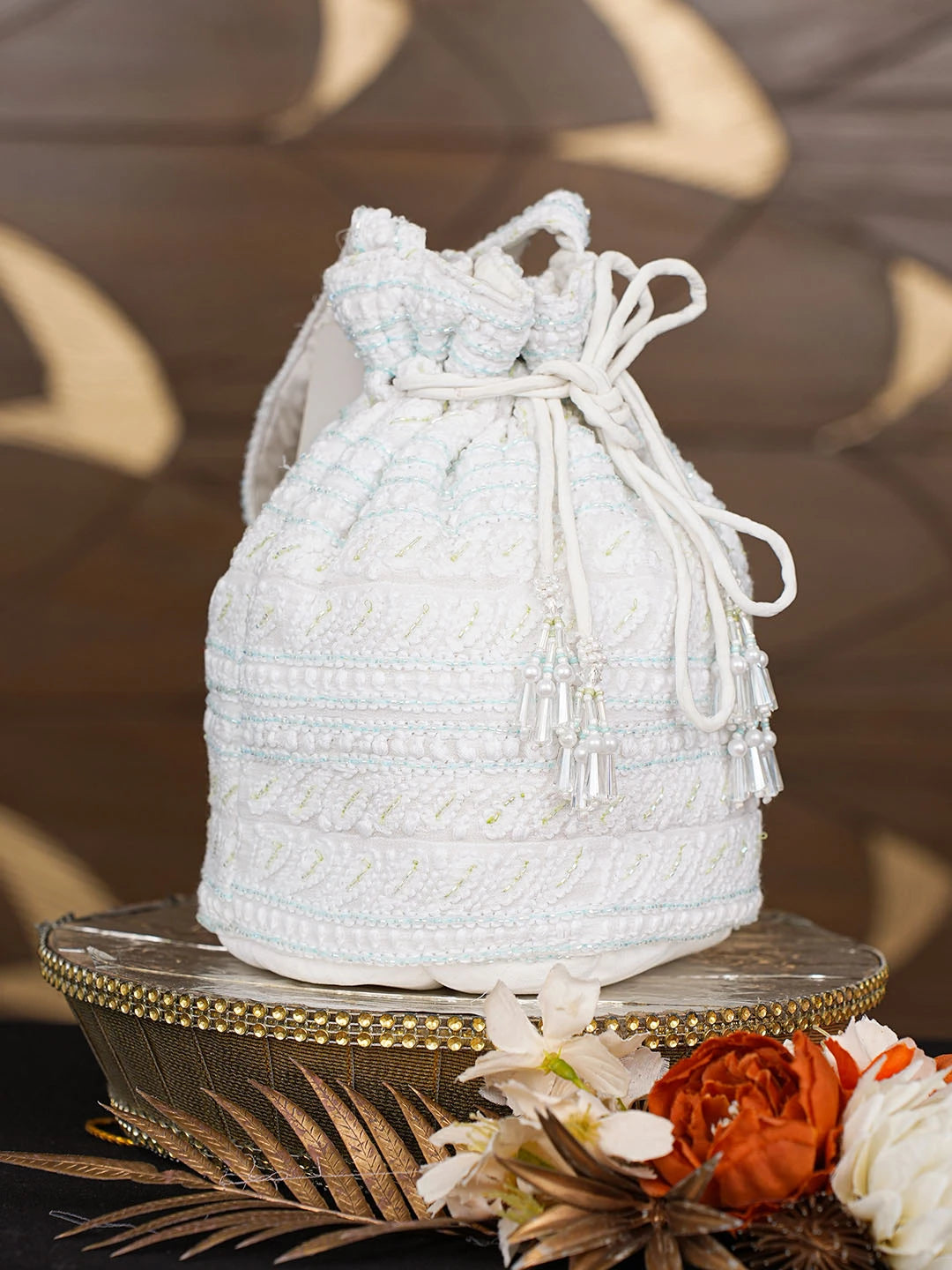 Ada Hand Embroidered White Viscose Georgette Lucknowi Chikankari Potli Bag With Cutdana Work 01A856579