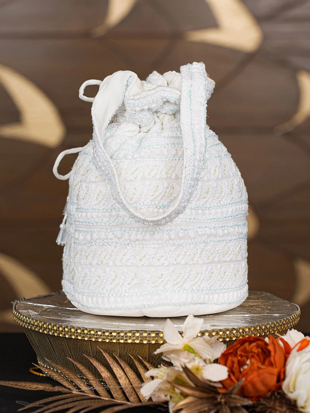 Ada Hand Embroidered White Viscose Georgette Lucknowi Chikankari Potli Bag With Cutdana Work 01A856579
