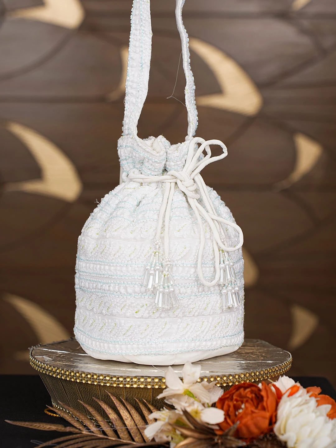 Ada Hand Embroidered White Viscose Georgette Lucknowi Chikankari Potli Bag With Cutdana Work 01A856579