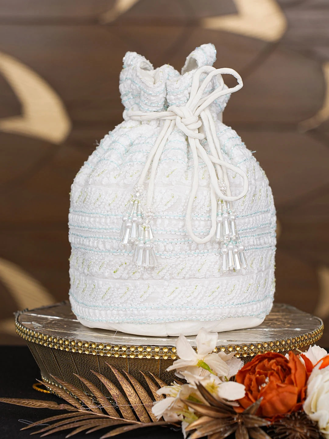 Ada Hand Embroidered White Viscose Georgette Lucknowi Chikankari Potli Bag With Cutdana Work 01A856579