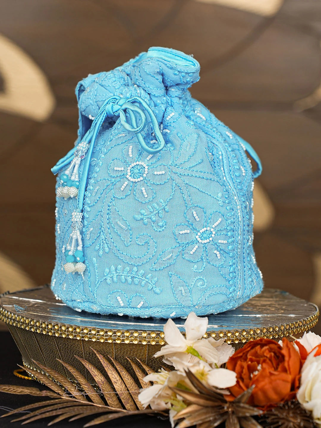 Ada Hand Embroidered Blue Viscose Georgette Lucknowi Chikankari Potli Bag With Pearl Work 01A854337