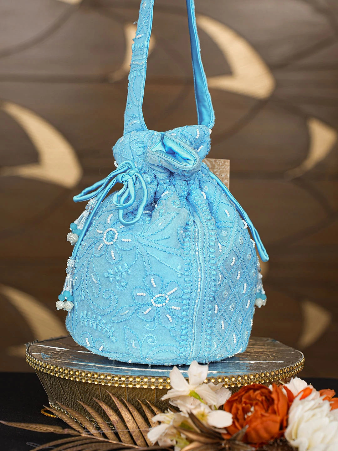 Ada Hand Embroidered Blue Viscose Georgette Lucknowi Chikankari Potli Bag With Pearl Work 01A854337