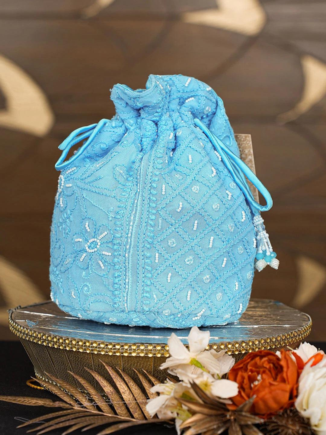 Ada Hand Embroidered Blue Viscose Georgette Lucknowi Chikankari Potli Bag With Pearl Work 01A854337