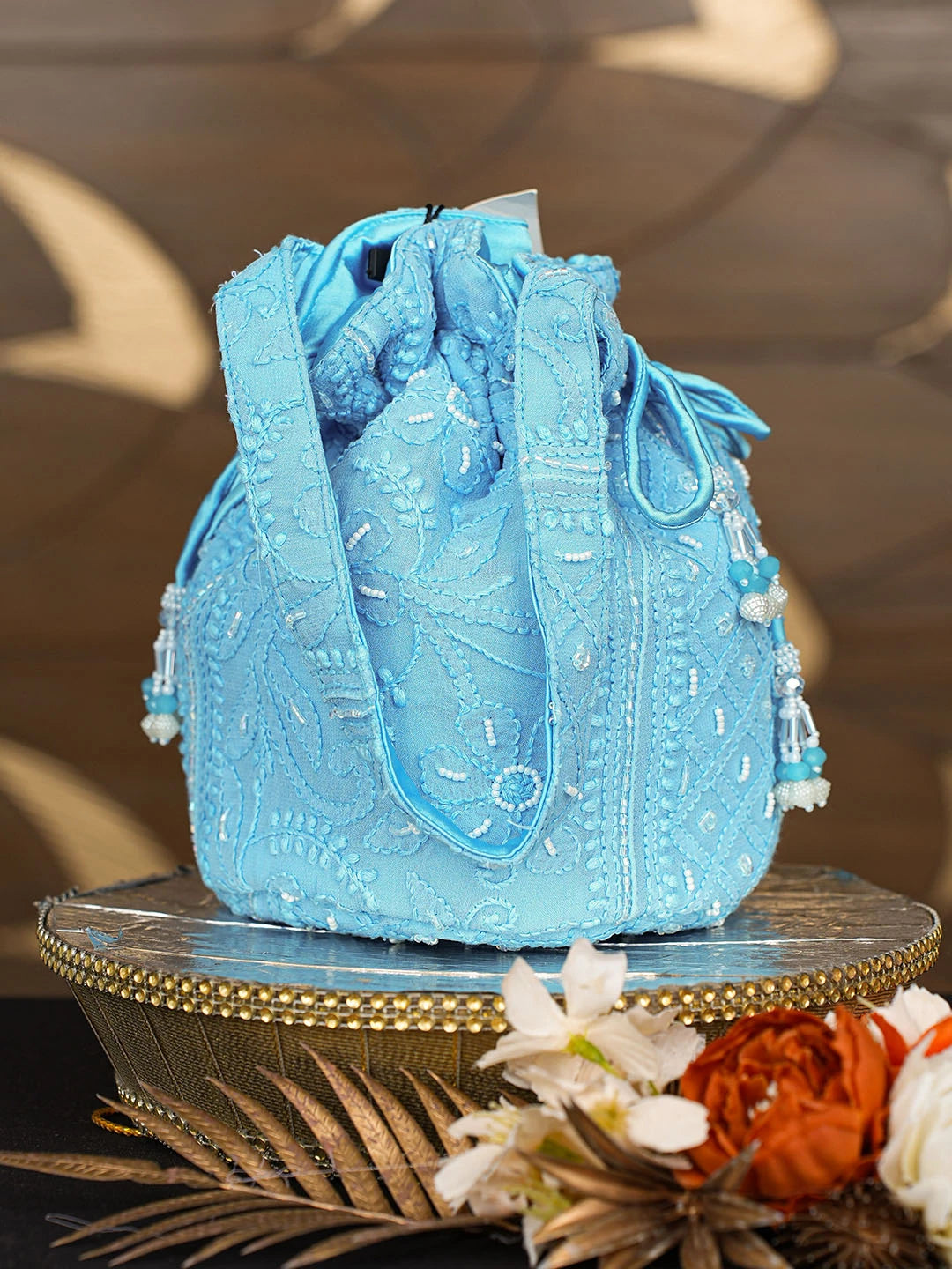 Ada Hand Embroidered Blue Viscose Georgette Lucknowi Chikankari Potli Bag With Pearl Work 01A854337