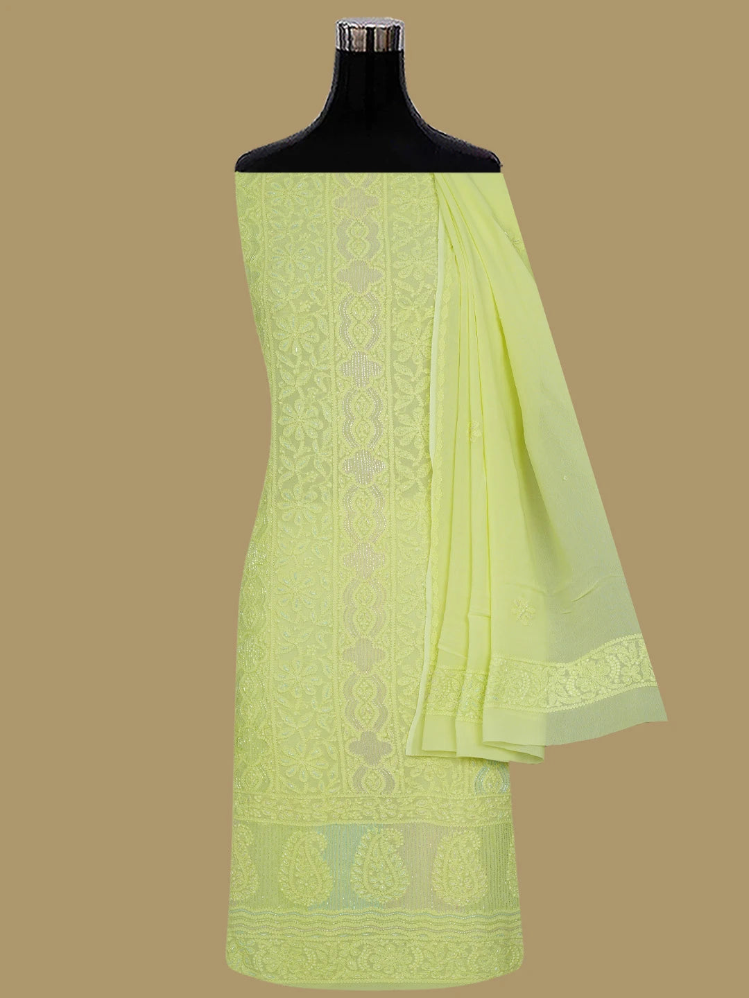 Ada Hand Embroidered Lime Green Viscose Georgette Lucknowi Chikankari Unstitched Kurta Dupatta Set With Cutdana Work 01A804395