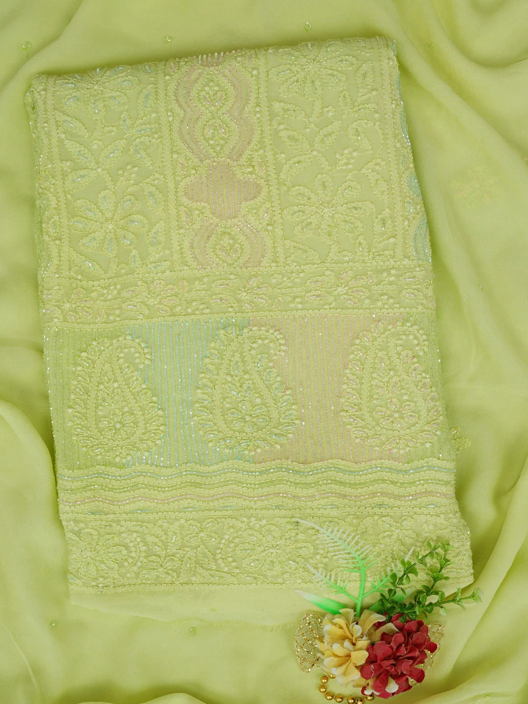 Ada Hand Embroidered Lime Green Viscose Georgette Lucknowi Chikankari Unstitched Kurta Dupatta Set With Cutdana Work 01A804395