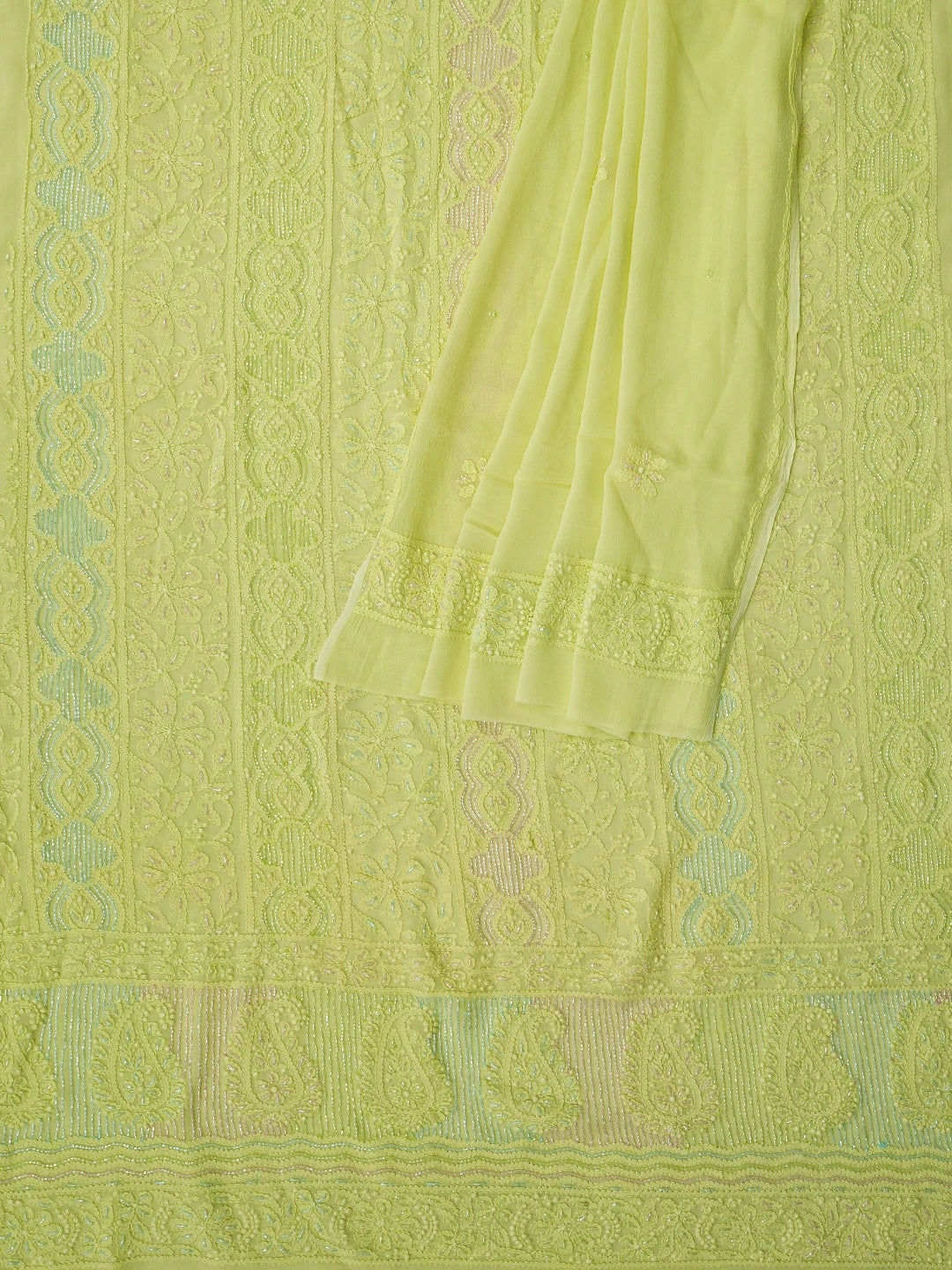 Ada Hand Embroidered Lime Green Viscose Georgette Lucknowi Chikankari Unstitched Kurta Dupatta Set With Cutdana Work 01A804395