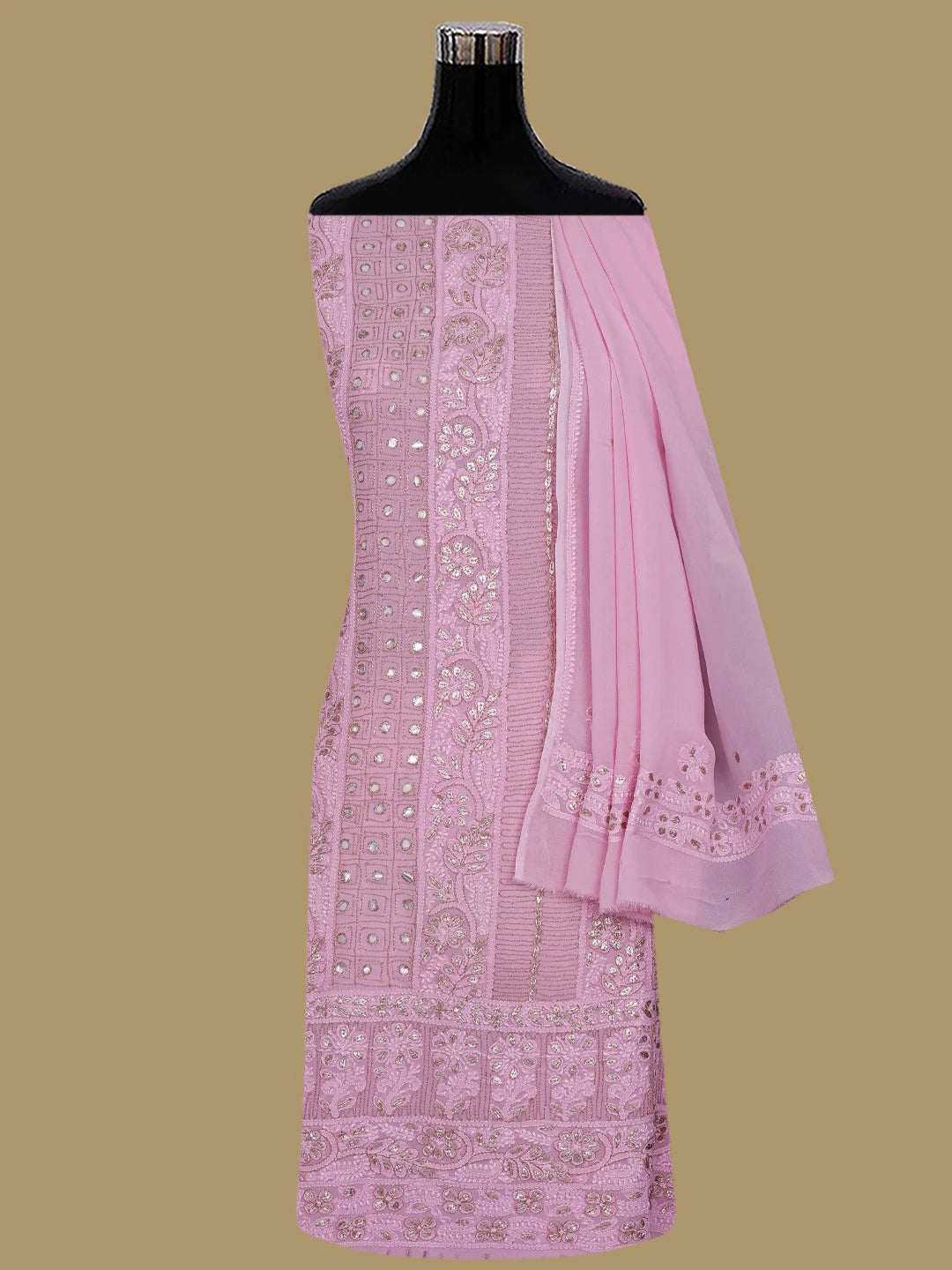 Ada Hand Embroidered Pink Viscose Georgette Lucknowi Chikankari Unstitched Kurta Dupatta Set With Gotapatti Work  01A809096