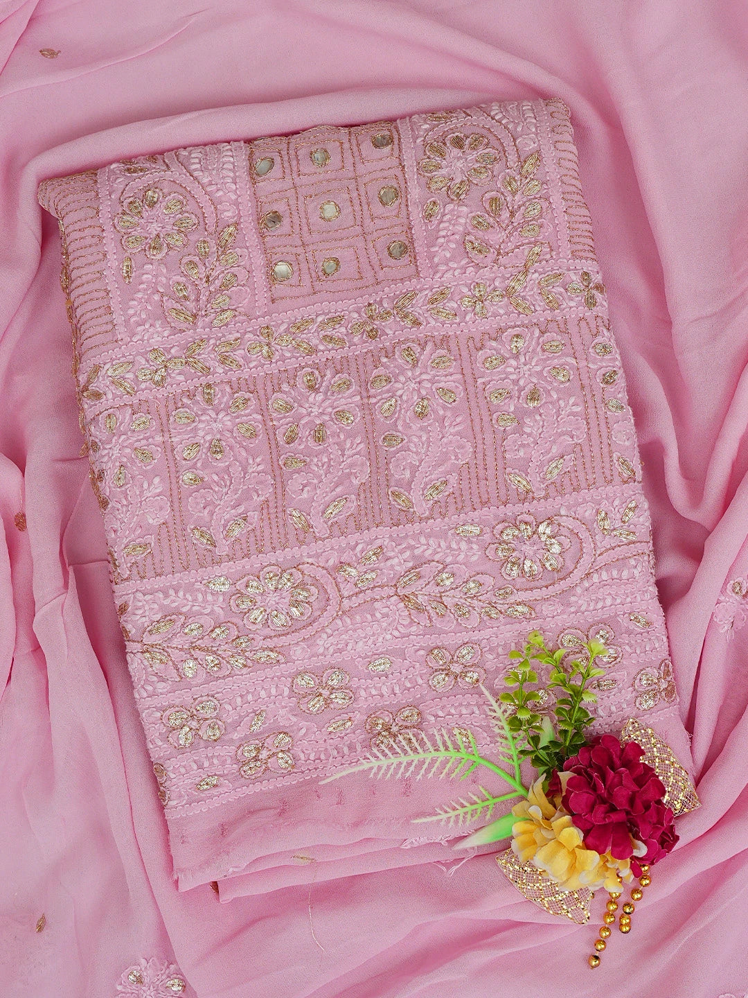 Ada Hand Embroidered Pink Viscose Georgette Lucknowi Chikankari Unstitched Kurta Dupatta Set With Gotapatti Work  01A809096