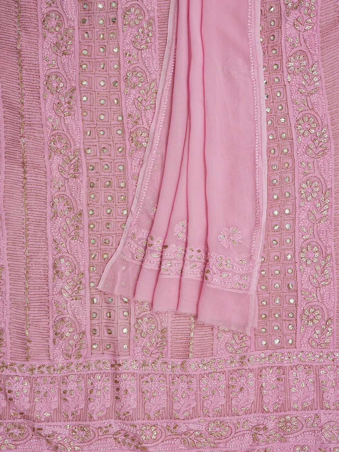 Ada Hand Embroidered Pink Viscose Georgette Lucknowi Chikankari Unstitched Kurta Dupatta Set With Gotapatti Work  01A809096
