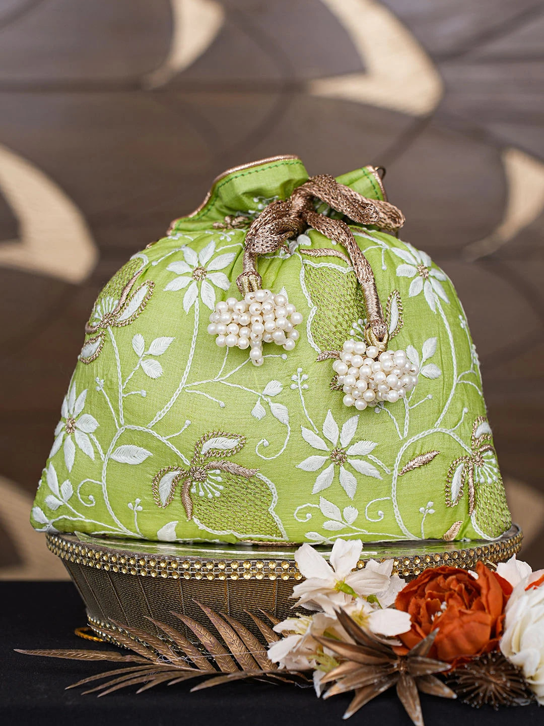 Ada Hand Embroidered Green Silk Lucknowi Chikankari Potli Bag With Zari Work 01A808034