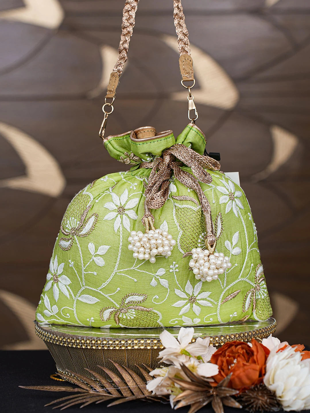 Ada Hand Embroidered Green Silk Lucknowi Chikankari Potli Bag With Zari Work 01A808034