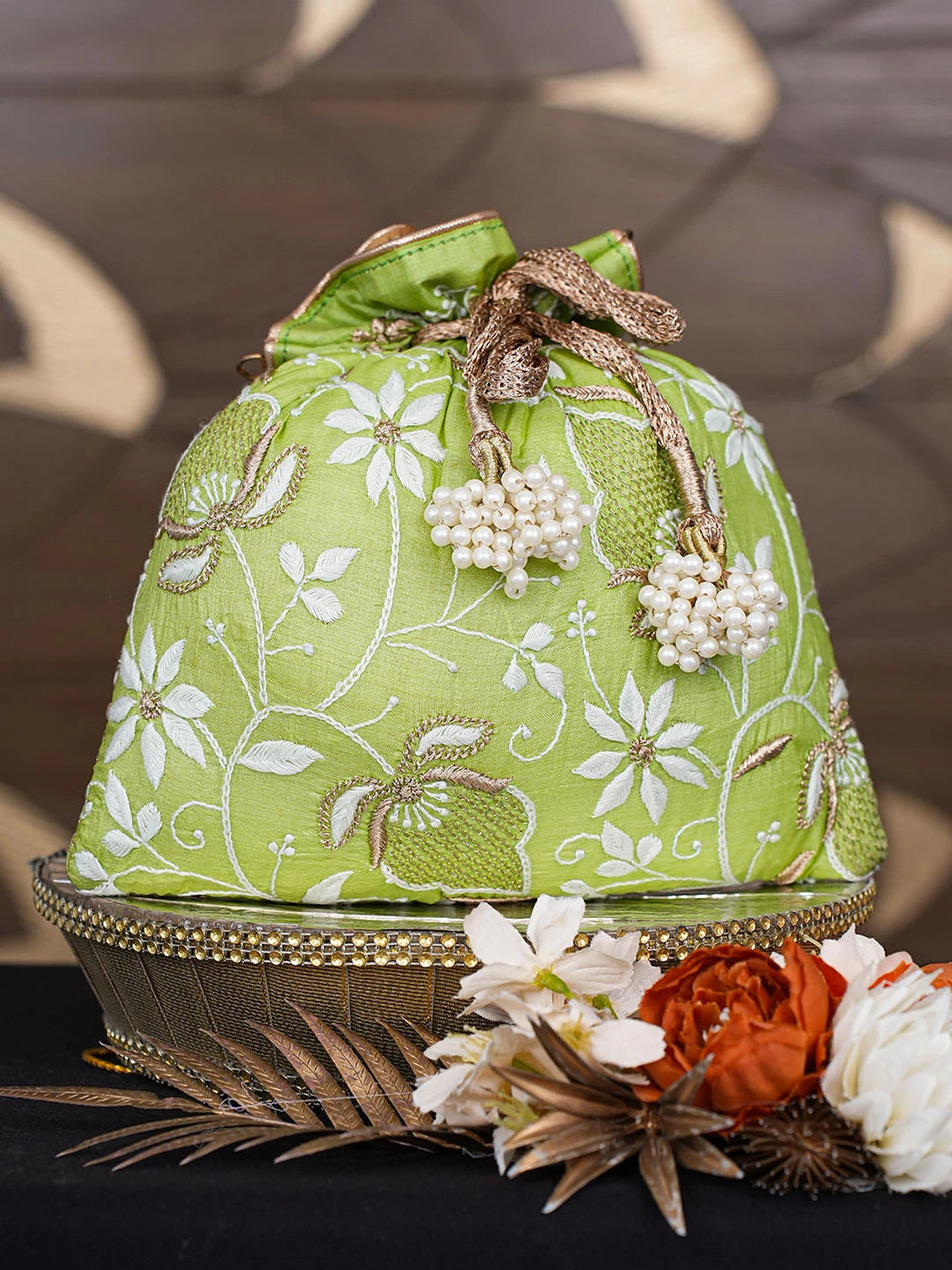 Ada Hand Embroidered Green Silk Lucknowi Chikankari Potli Bag With Zari Work 01A808034
